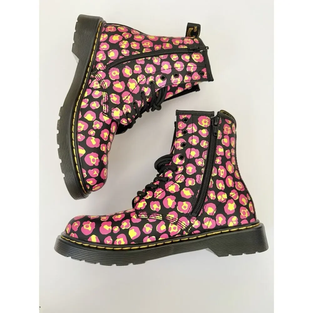 Dr. Marten’s Leopard Print Side Zipper Lace Up Girls’ Combat Boots Size 6